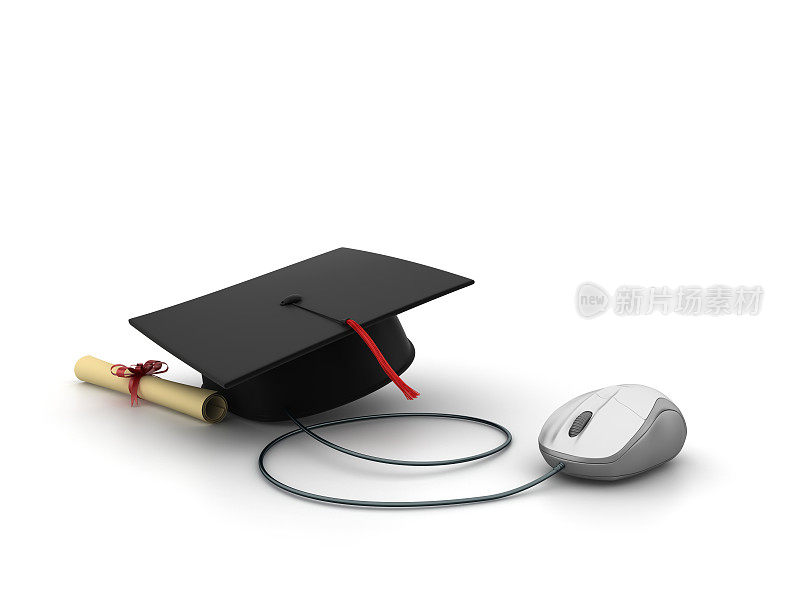 毕业帽和毕业证书与电脑鼠标在黑板上- 3D渲染